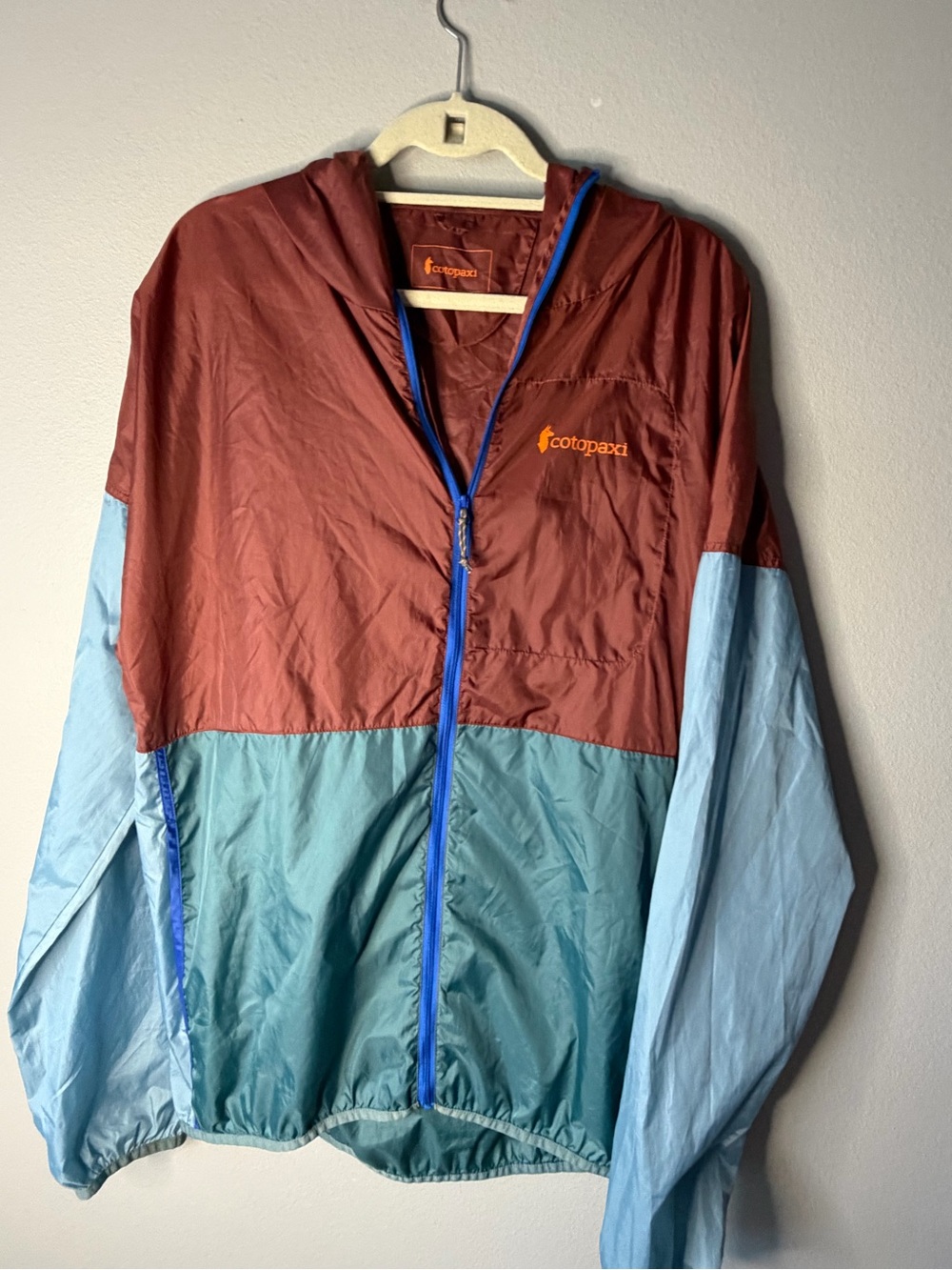 Cotopaxi Colorblock Hooded Windbreaker Jacket Rust Teal Blue Full Zip